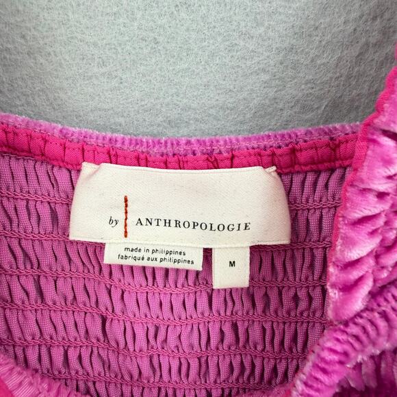 Anthropologie Bright Pink Velvet Peplum Smocked Ruffle Sleeve Tank Top Blouse - Picture 7 of 9